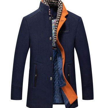 Medium Length Slim Fit Wool Blend Stand Collar Men's Coat - Vogue Aura