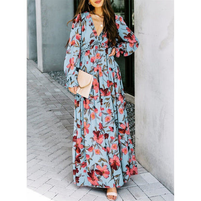 Floral Long Sleeve A-Line Dress - Vogue Aura