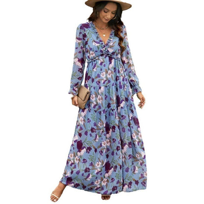 Floral Long Sleeve A-Line Dress - Vogue Aura