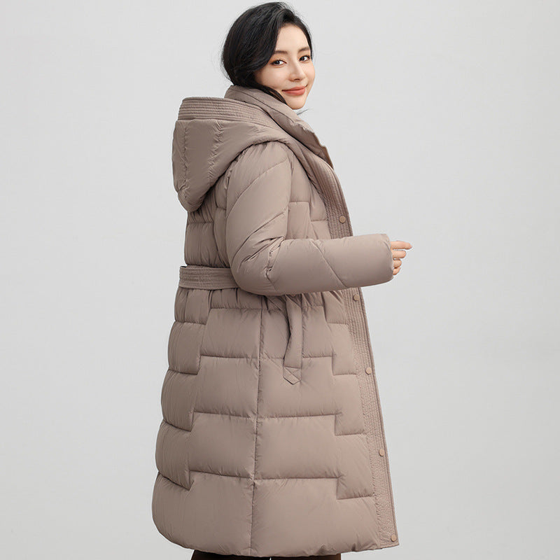 Mid-length Hooded Women’s Winter Coat with Waist Trimming and Down Cotton Filling - Vogue Aura