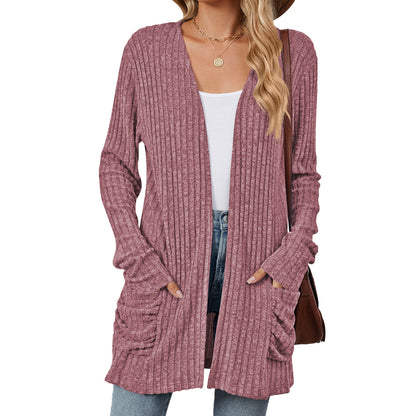 Essential Long Sleeve Pocket Cardigan in Solid Colours - Vogue Aura