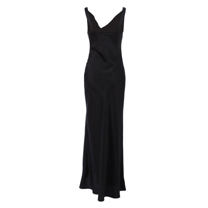 Elegant Black Satin High-Waist Long Dress - Vogue Aura