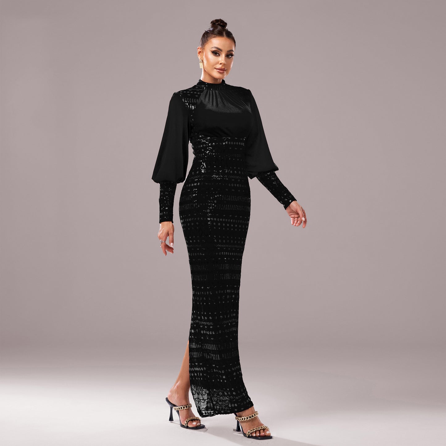 Elegant Long Sleeve Black Evening Dress - Vogue Aura