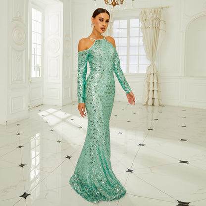 Elegant Green Long Sleeve Off-the-Shoulder Dress - Vogue Aura