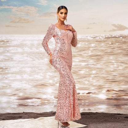 Rose Gold Long Sleeve Square-neck Elegant Evening Dress