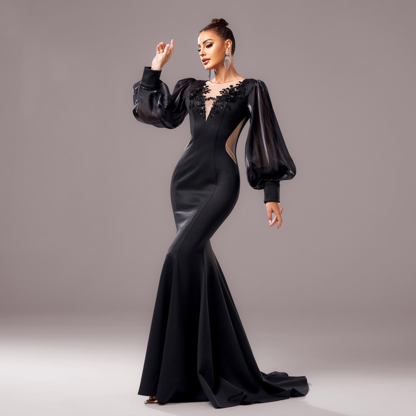 Elegant Black Long Sleeve High Waist Dress with Sequins - Vogue Aura