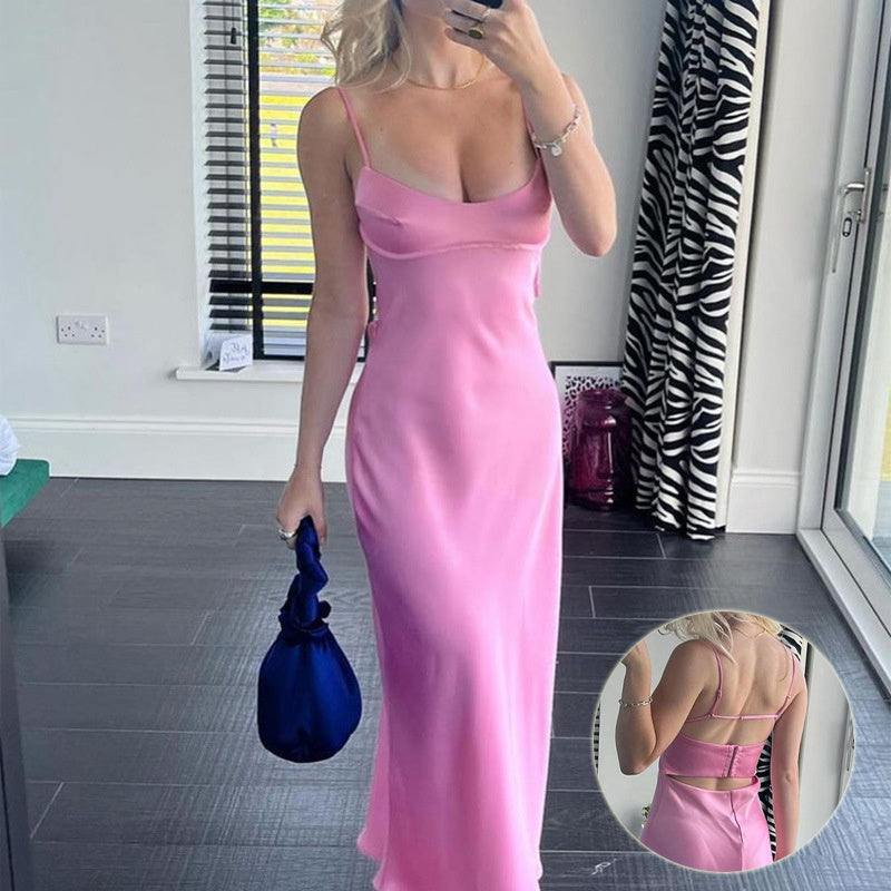 Elegant Pink Satin Slip Maxi Dress