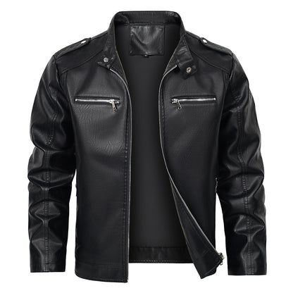 Stand Collar PU Leather Motorcycle Jacket for Men - Vogue Aura