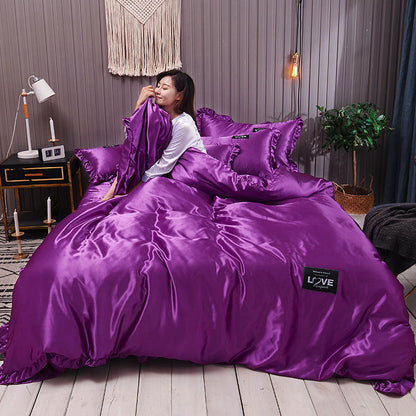 Pure Color Washed Silk Bed Sheet Ice Silk Four-piece Set - Vogue Aura