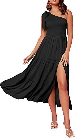 One-Shoulder Pleated Layered Hem Maxi Dress - Vogue Aura