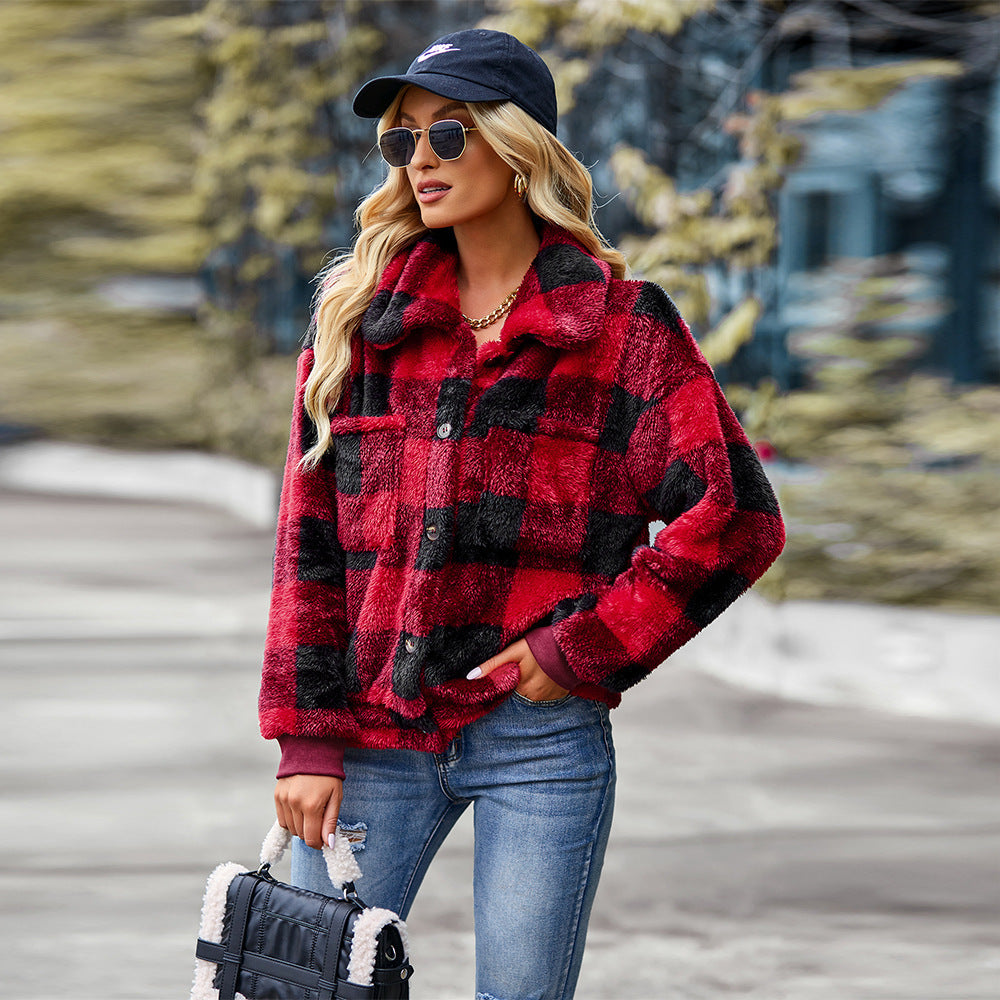 Chic Women's Plaid Fleece Coat - Vogue Aura