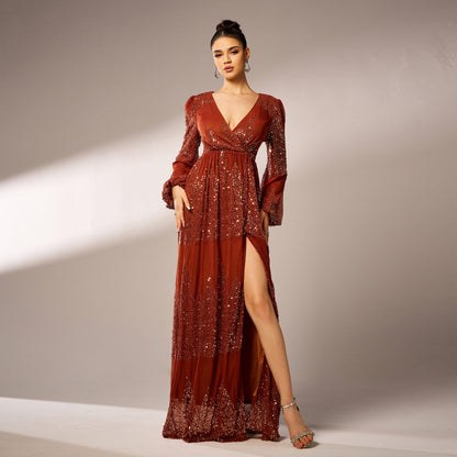 Elegant Long Sleeve Sequined Evening Dress - Vogue Aura