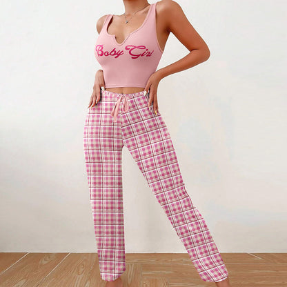 Cute Women Clothing Homewear Vest Color Matching Plaid Trousers Letter Print Top Women Suit Pajamas For Women - Vogue Aura