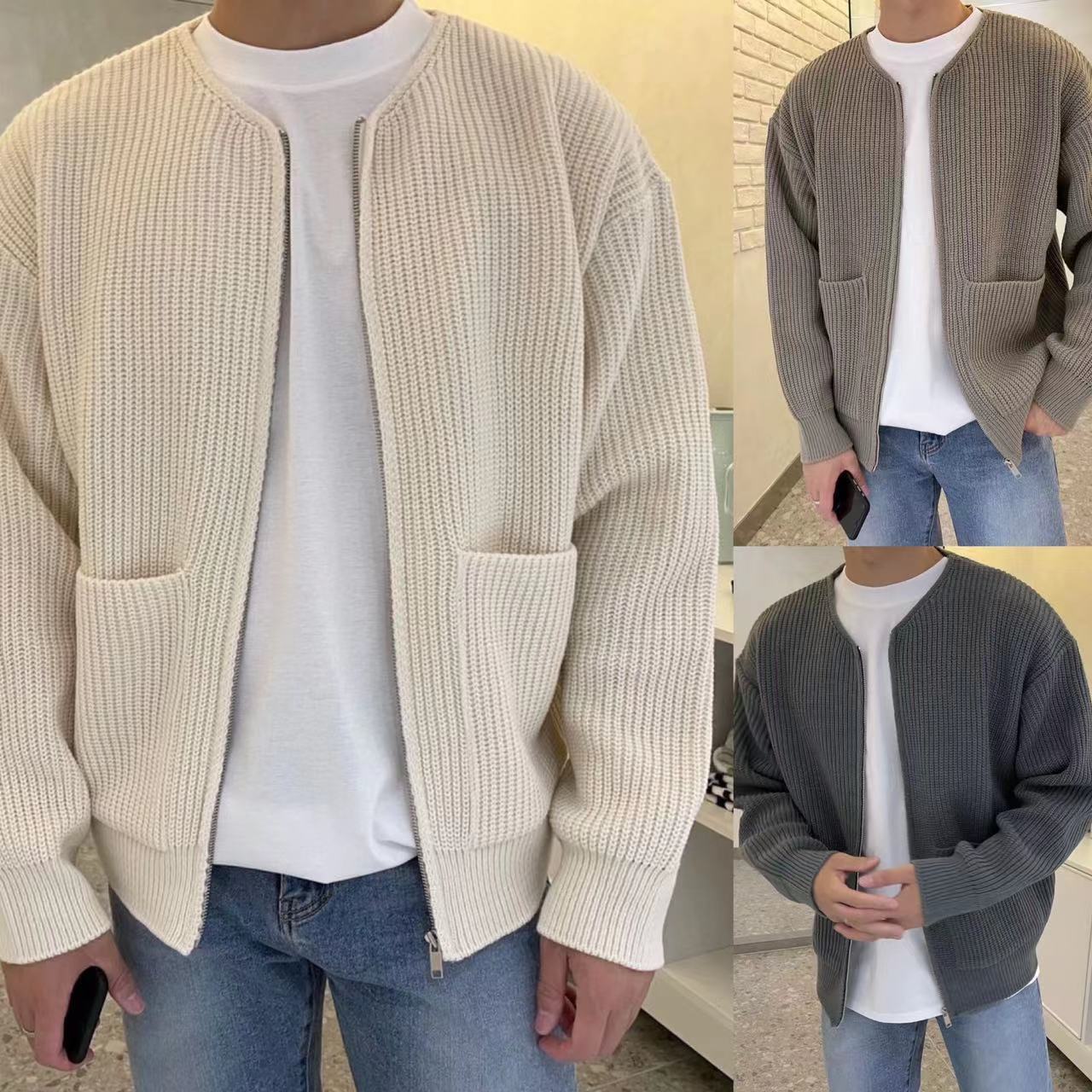 Men's Elegant Zip-Up Knitted Cardigan with Funnel Neck and Pockets - Vogue Aura