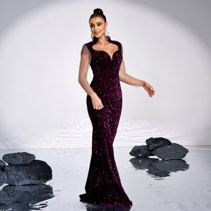 Elegant Long Sleeve Purple Sequin Dress - Vogue Aura