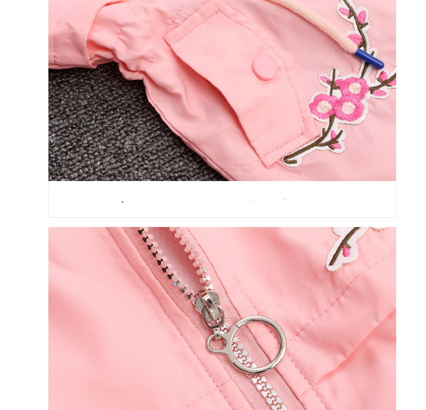 Girls windbreaker jacket autumn and winter Korean version of the long-sleeved peach embroidery hooded big children's shirt children's new children's clothing - Vogue Aura