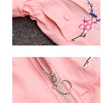 Girls windbreaker jacket autumn and winter Korean version of the long-sleeved peach embroidery hooded big children's shirt children's new children's clothing