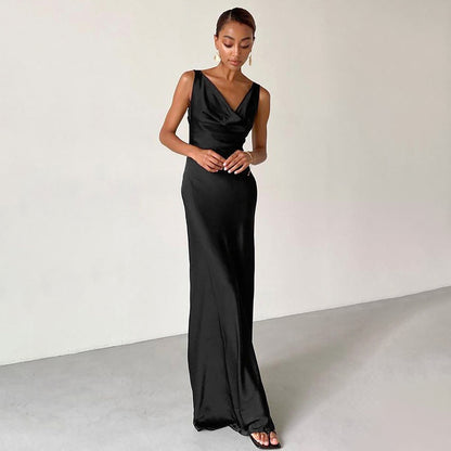 Elegant Black Satin High-Waist Long Dress - Vogue Aura