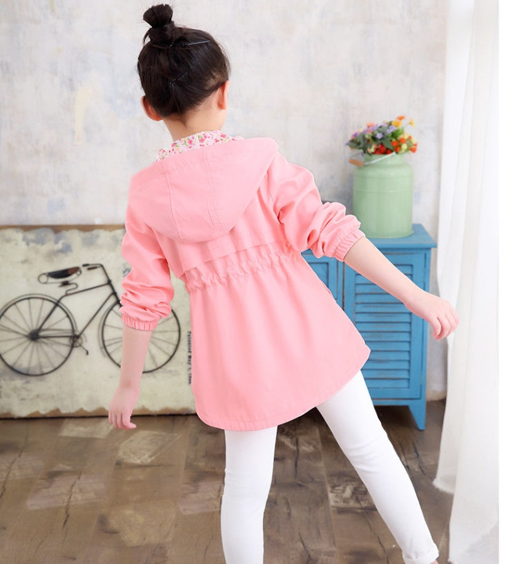 Girls windbreaker jacket autumn and winter Korean version of the long-sleeved peach embroidery hooded big children's shirt children's new children's clothing - Vogue Aura