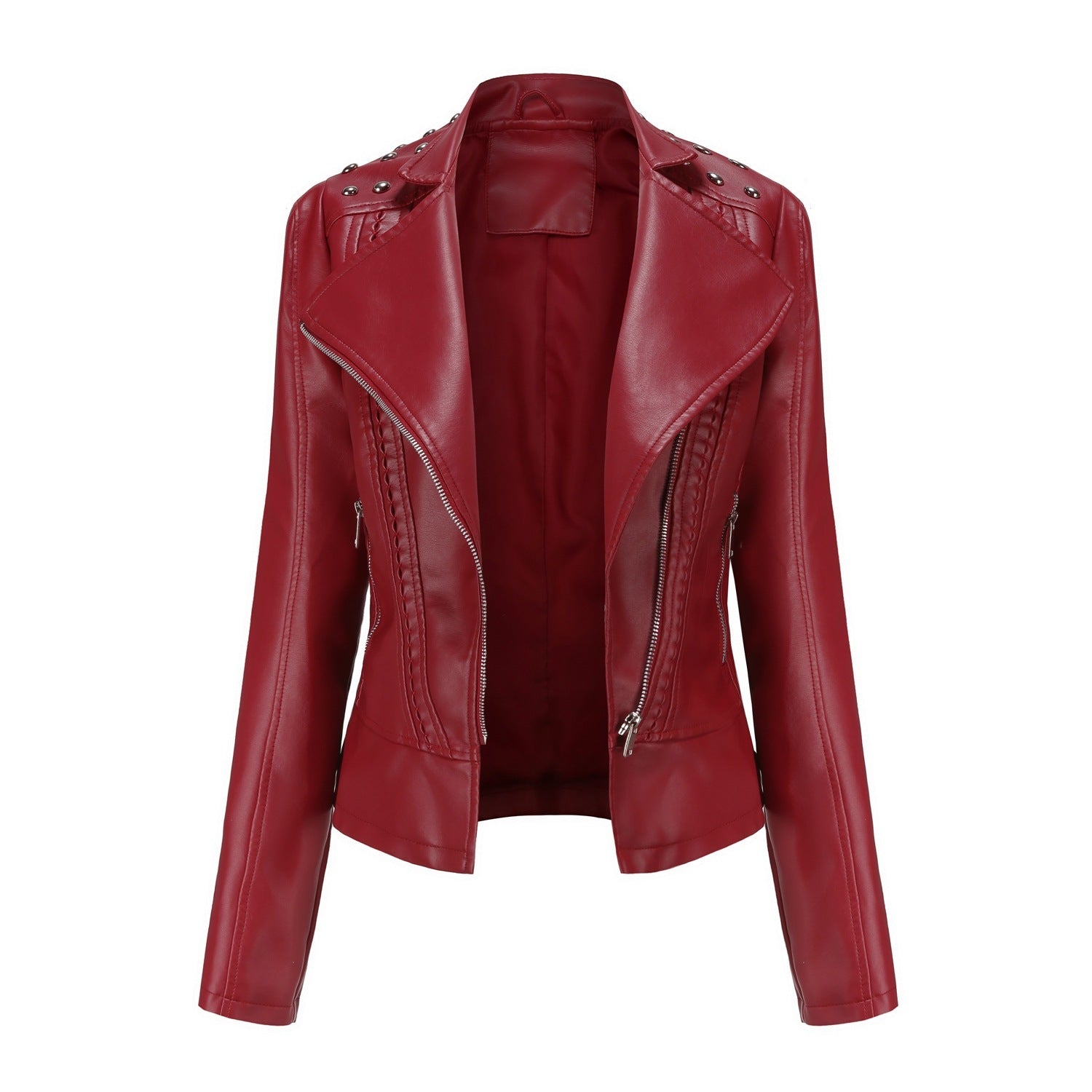 Beaded Leather Women's Long-sleeved Fashion Jacket Lapel Motorcycle Clothing Thin Women's Jacket - Vogue Aura