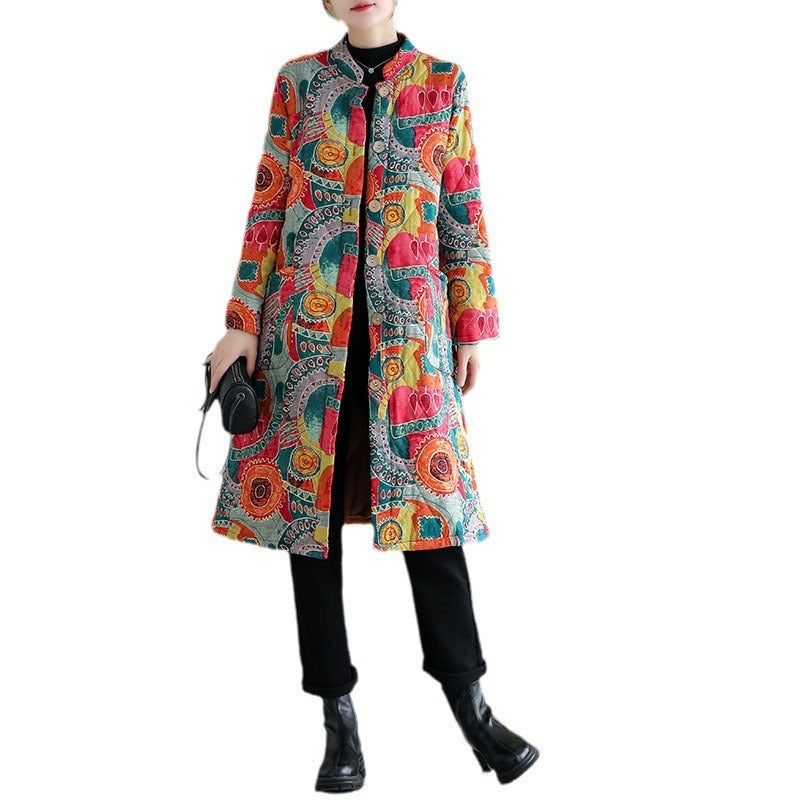 Elegant Retro Printed Cotton-Padded Coat with Stand Collar - Vogue Aura