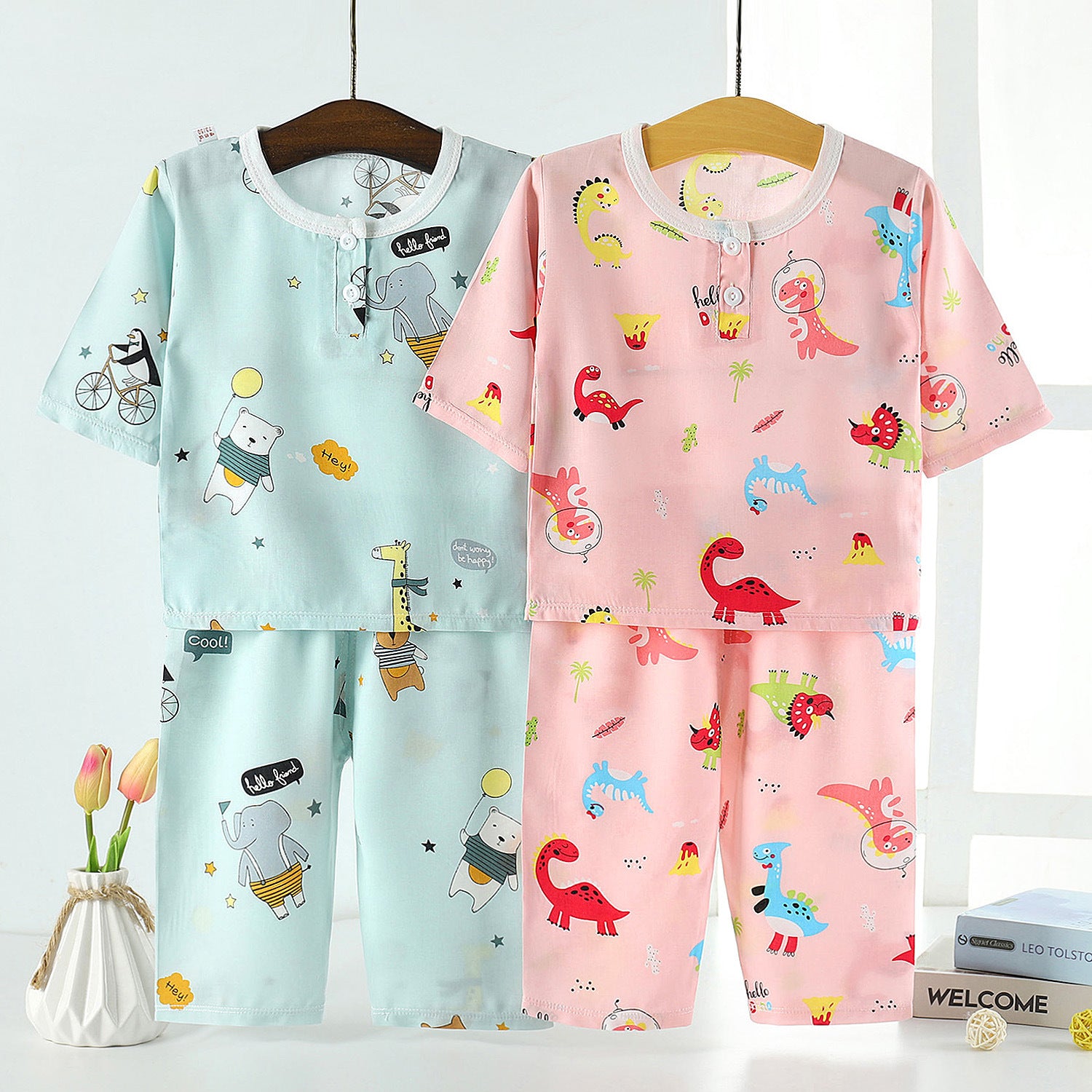 Cotton Silk Baby Pajamas Suit with Cute Animal Prints - Vogue Aura