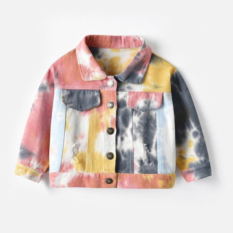 Children's Multicolor Tie-Dyed Denim Jacket With Lapels And Long Sleeves - Vogue Aura