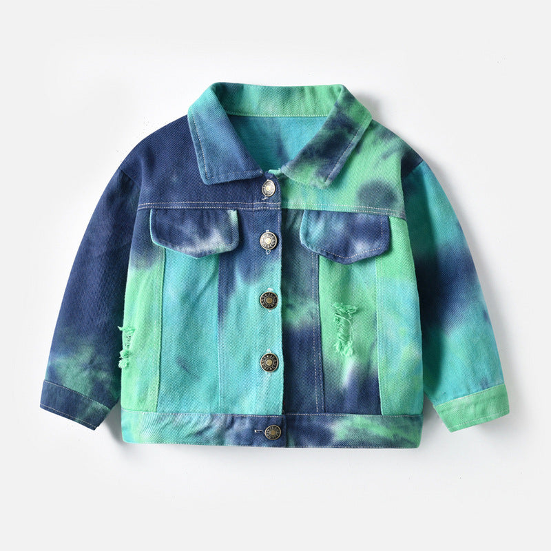 Children's Multicolor Tie-Dyed Denim Jacket With Lapels And Long Sleeves - Vogue Aura