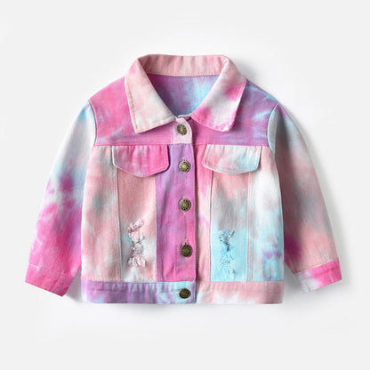 Children's Multicolor Tie-Dyed Denim Jacket With Lapels And Long Sleeves - Vogue Aura