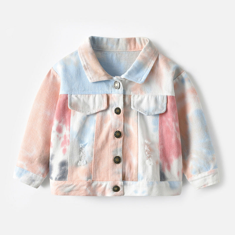 Children's Multicolor Tie-Dyed Denim Jacket With Lapels And Long Sleeves - Vogue Aura