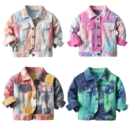 Children's Multicolor Tie-Dyed Denim Jacket With Lapels And Long Sleeves - Vogue Aura