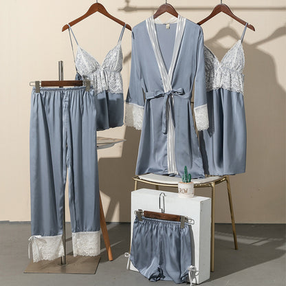 Five-Piece Women's Summer Silk Pajamas Set