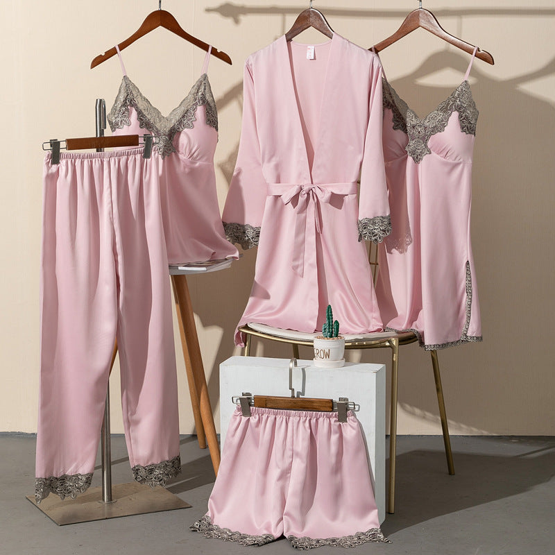 Five-Piece Women's Summer Silk Pajamas Set - Vogue Aura