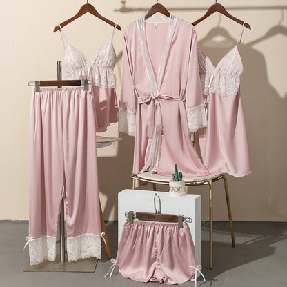 Five-Piece Women's Summer Silk Pajamas Set