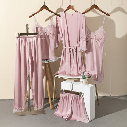 Five-Piece Women's Summer Silk Pajamas Set - Vogue Aura