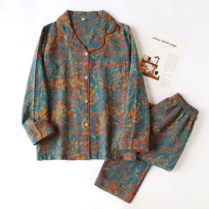 Cotton Yarn-dyed Jacquard Vintage Leaf Pajamas Suit Women - Vogue Aura