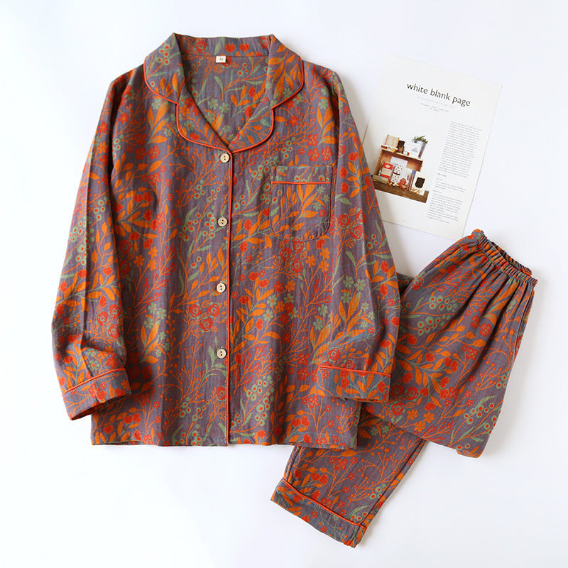 Cotton Yarn-dyed Jacquard Vintage Leaf Pajamas Suit Women - Vogue Aura