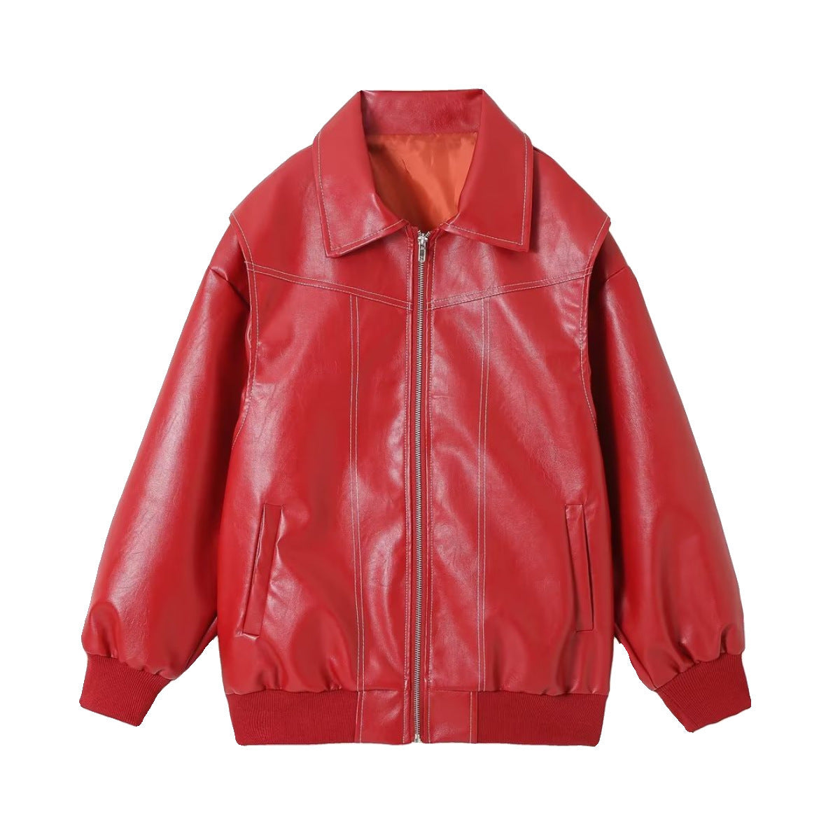 Chic Loose Fashion Lapel Zip-up Leather Jacket for Women - Vogue Aura