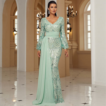 Elegantly Sequined Long Sleeve Evening Dress - Vogue Aura