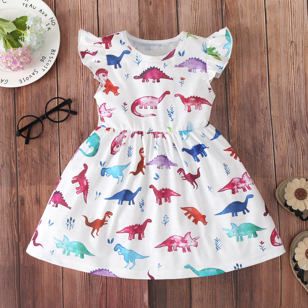 Girls' Cotton Flounced Sleeve Colorful Dinosaur Dress - Vogue Aura