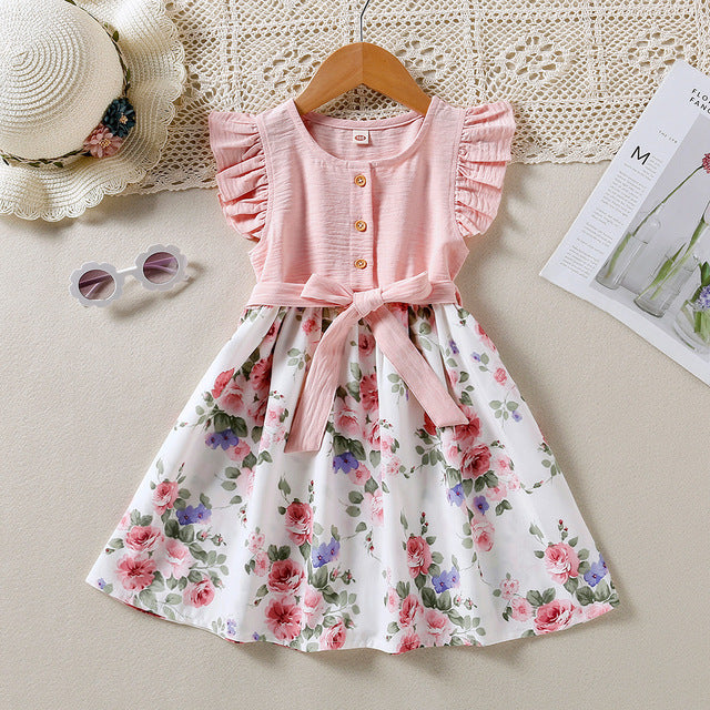 Children's Summer Spring And Summer Lace Sleeve Floral Princess Dress Free Lace-up - Vogue Aura