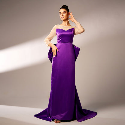 Elegant Purple Long Sleeve Sequin Evening Dress - Vogue Aura