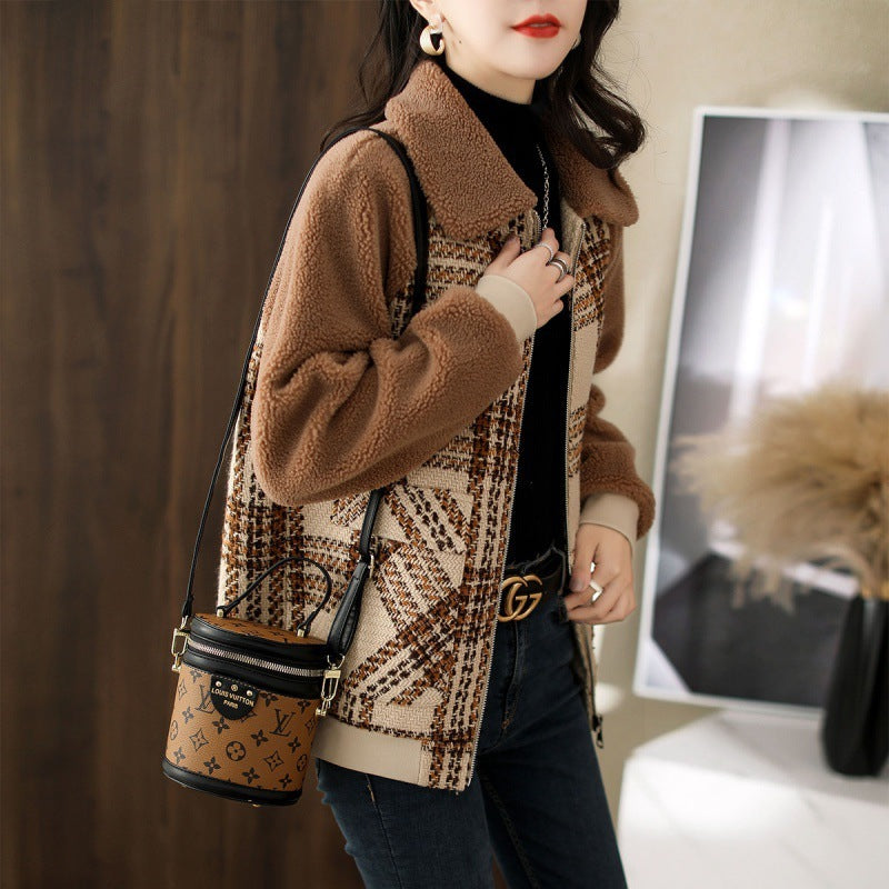 Plaid Raglan Sleeve Coat in Warm Brown - Vogue Aura