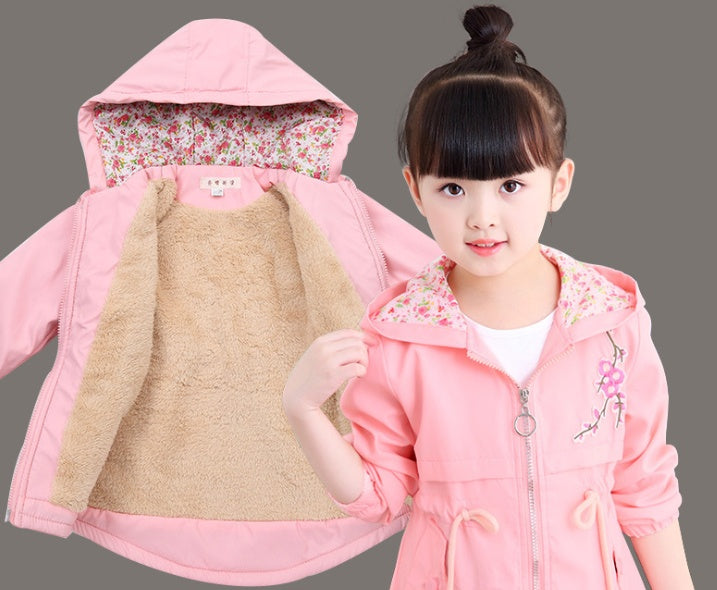 Girls windbreaker jacket autumn and winter Korean version of the long-sleeved peach embroidery hooded big children's shirt children's new children's clothing - Vogue Aura