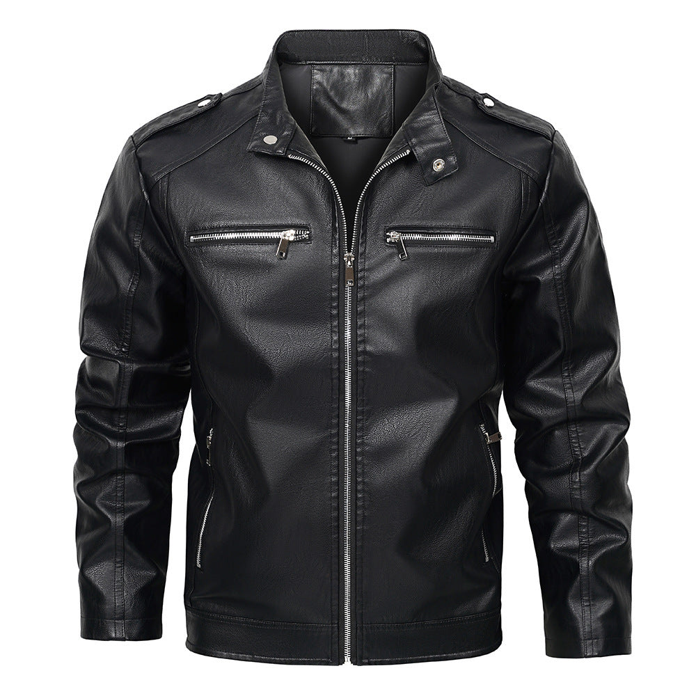 Stand Collar PU Leather Motorcycle Jacket for Men - Vogue Aura