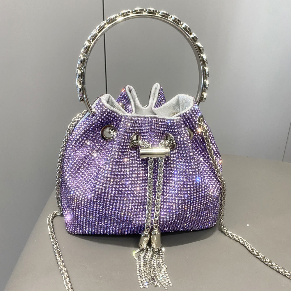 Elegant Metallic Cylinder Handbag with Shimmering Diamonds for Women - Vogue Aura