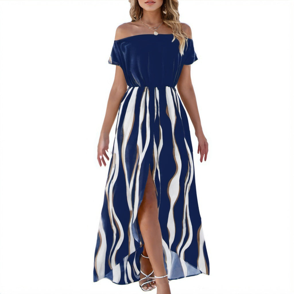 Elegant Off-the-Shoulder Striped Dress - Vogue Aura