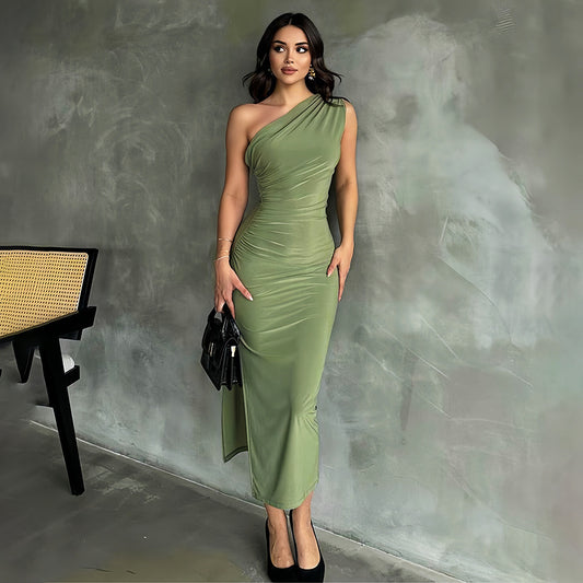 Chic One-Shoulder Slit Dress in Black, Orange, and Army Green - Vogue Aura