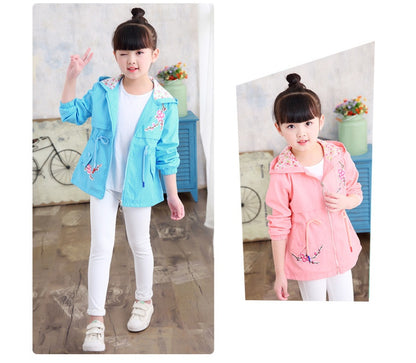 Girls windbreaker jacket autumn and winter Korean version of the long-sleeved peach embroidery hooded big children's shirt children's new children's clothing - Vogue Aura