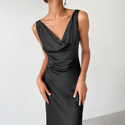 Elegant Black Satin High-Waist Long Dress - Vogue Aura